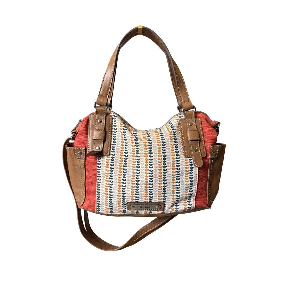 Relic Canvas Leaf Print Crossbody Satchel Bag Orange Brown Medium